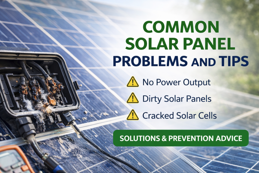 Common solar panel problems and tips graphic showing burnt junction box, wiring issues, and maintenance advice.