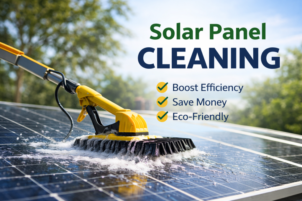 Solar panel cleaning with brush and water to improve efficiency and performance