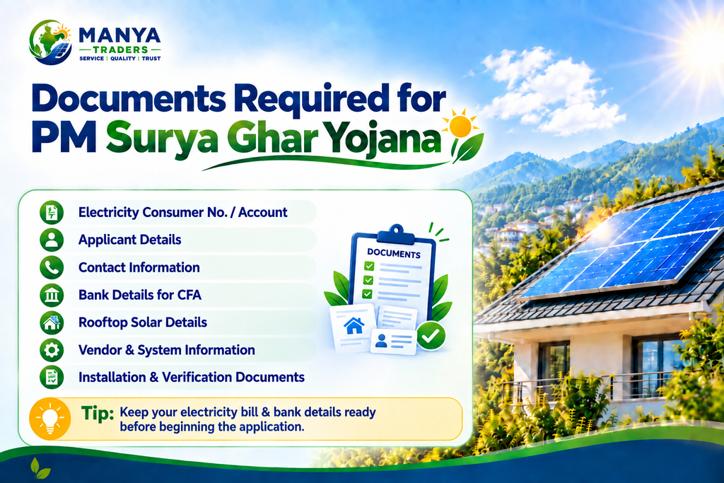 Documents required for PM Surya Ghar Yojana rooftop solar subsidy application with electricity bill, bank details, applicant information and solar installation documents checklist