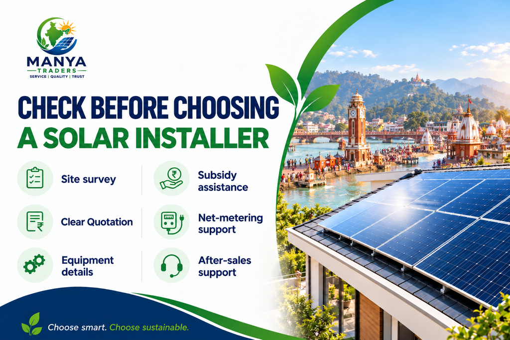 Checklist before choosing a solar panel installation in Haridwar with rooftop solar panels, Ganga river view and Manya Traders solar services"