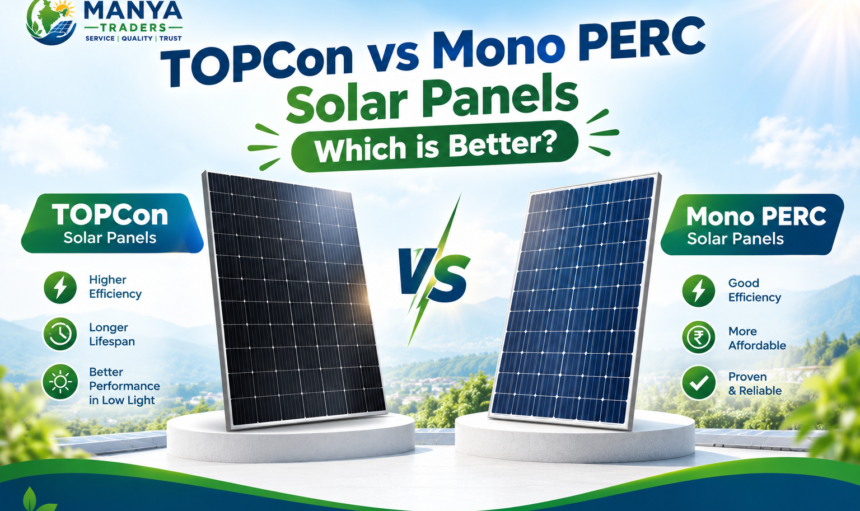 TOPCon vs Mono PERC solar panels comparison by Manya Traders, highlighting solar panel efficiency, lifespan, low-light performance, affordability, and reliability to help choose the best solar panels for your home.