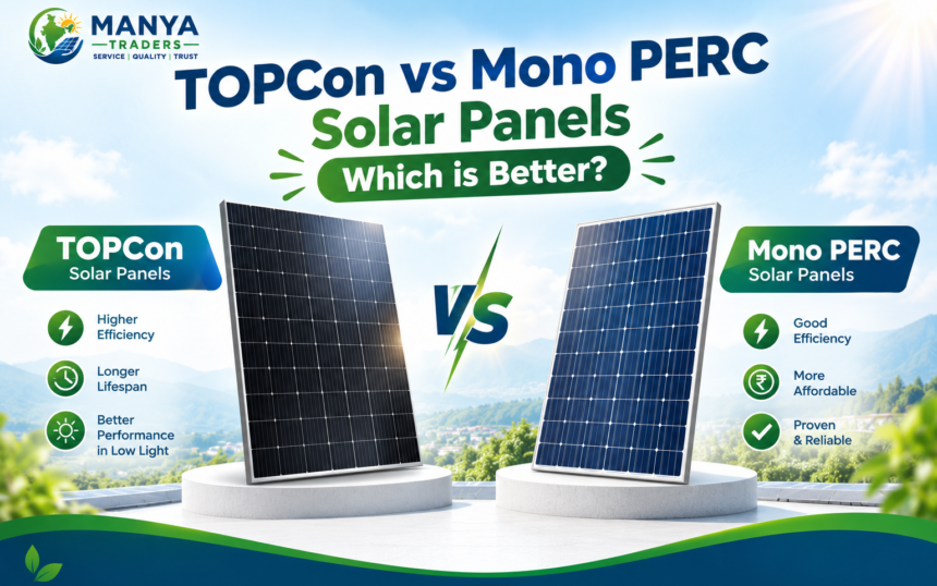 TOPCon vs Mono PERC solar panels comparison by Manya Traders, highlighting solar panel efficiency, lifespan, low-light performance, affordability, and reliability to help choose the best solar panels for your home.